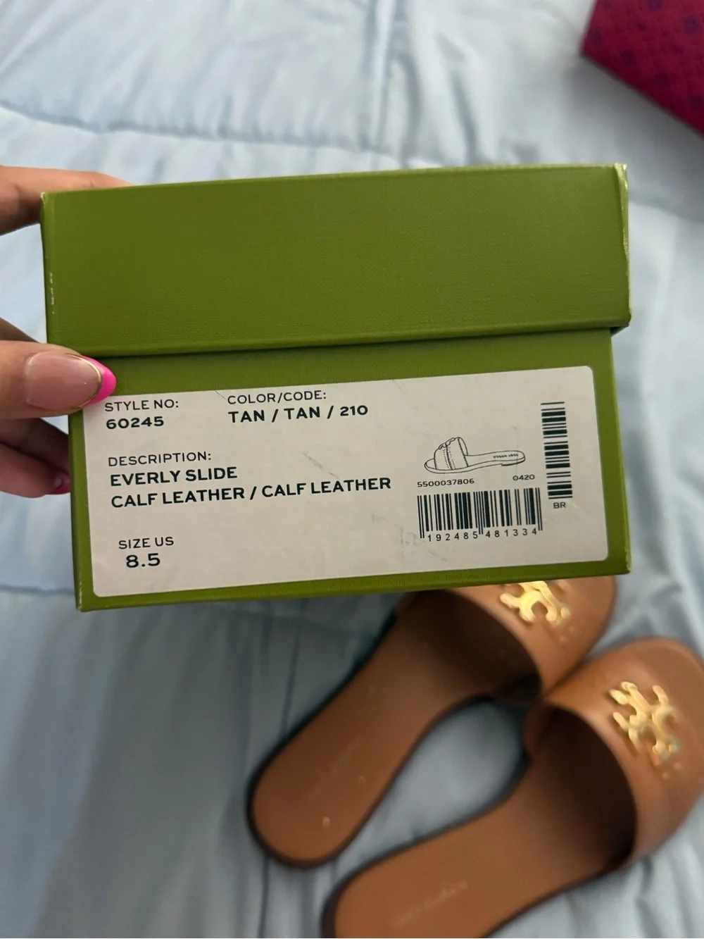 Tory Burch Tan Leather Logo Slide Sandals with Gold Emblem